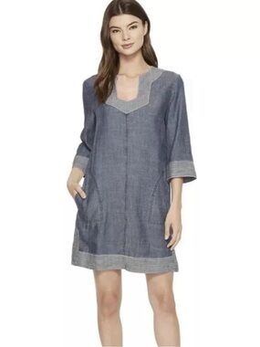 NWT Trina Turk Carnelian Chambray Linen Blend Tunic Shift Dress, Chambray Blue